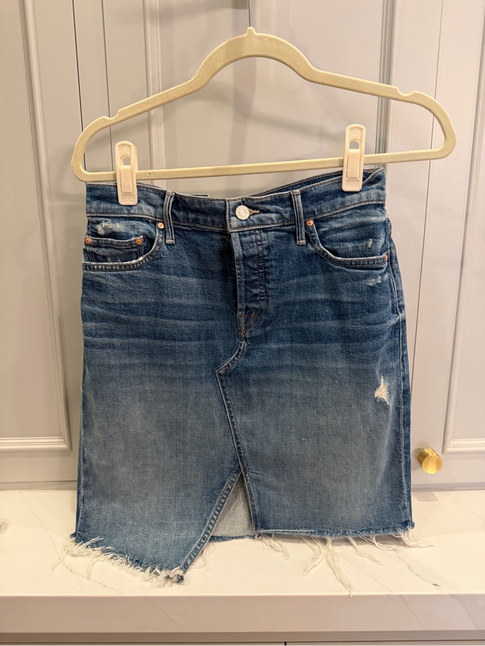 MOTHER Medium Blue Distressed Denim Mini Skirt with Front Slit size 29